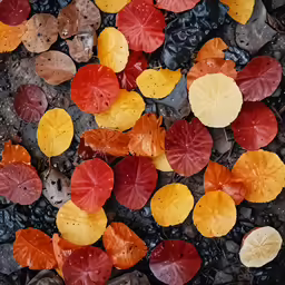 a group of small yellow and red leaves