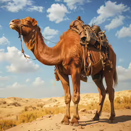 the camel is in the desert with a saddle on his back