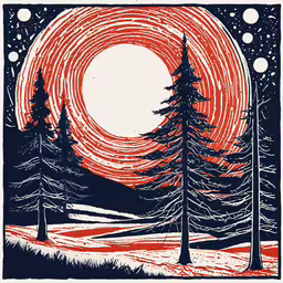 the poster depicts a red, white and blue night,an illustration of the moon in the sky and trees on the ground