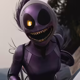 an evil looking person with big yellow eyes