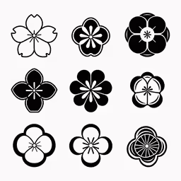 the flower symbols are shown in black and white,a set of flower design with six petals