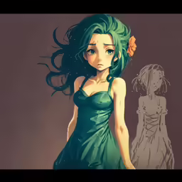 a girl in a dress and long green hair