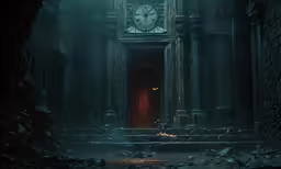 a room that has been burned out with some ruins and a clock in the doorway