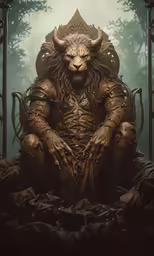 a creepy sitting beast with horned hands and legs
