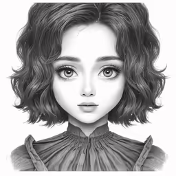an artistic sketch of a girl with curly hair and eyes