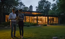 an attractive couple standing outside their home at night