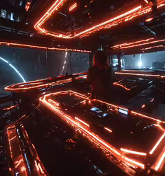 a woman looking into the space with bright lights in her area,a person sitting in a large space filled with lots of neon