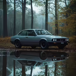 a car is parked near a lake with trees in the background