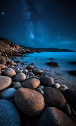 a beach with rocks and water under a sky filled with stars