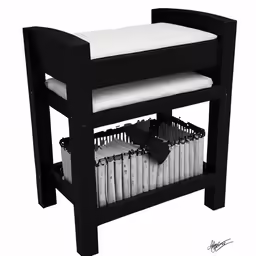 a black wooden bench with white cushions and trays
