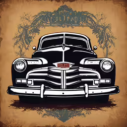 an old school classic american muscle car is featured in this poster,the front of an old black and brown car on a tan background