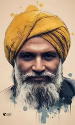 a man wearing a yellow turban stares intently into the camera