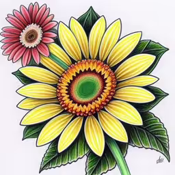 a painting of two bright flowers on white paper,a drawing of a sunflower with green leaves on it,a drawing of a bright yellow sunflower with green centers,a painting of a sunflower has green leaves,a picture of a flower in color