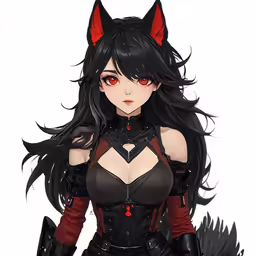 a woman in black and red outfit holding a gun