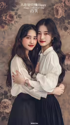 two girls hugging each other and posing for a photo,two asian girls pose for a photo together