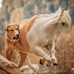 there is a dog that is trying to pull the horse