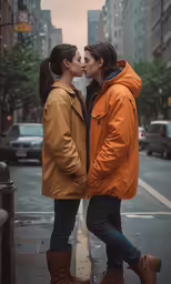 two young ladies kissing and standing in the rain