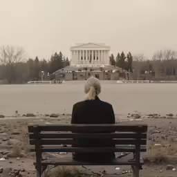 woman looking out at the view of a large building