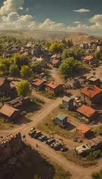 a big and tiny town is in a remote area,the town has red roofs, green trees and white trucks