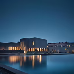 a night scene of a house next to a swimming pool