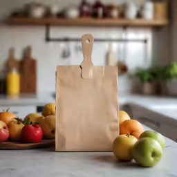 a paper bag with an apple and some tomatoes
