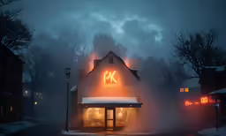 foggy night and a building with red light in it