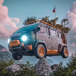 an old car with a tent roof is on a hill in the mountains