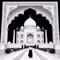 an architectural drawing of a woman in front of a large white mosque
