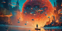 there is a man looking at something with fire and clouds,the cover for