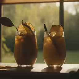 two glasses filled with cold drinks and one has a straw in it