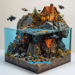a clear glass tank with a small house inside