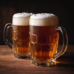 two large glasses of beer with foamy toppings sit next to each other