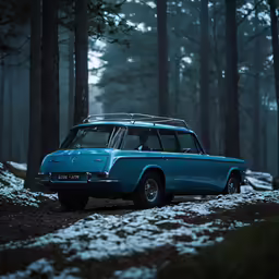 an older blue station wagon parked in the woods