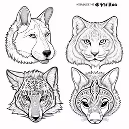 three wolf heads in the style of line drawing,a set of wild animals that are drawn in pencil