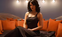 a beautiful woman sitting on top of a couch
