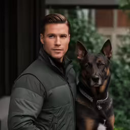 a man stands in front of trees and his dog