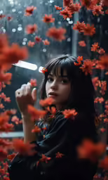 a woman posing with an umbrella near some red flowers