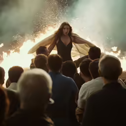 a woman holding a surfboard standing in front of some people