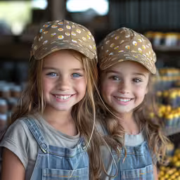 the two girls smile as they look to be wearing caps,two girls stand next to each other in front of a corn cob