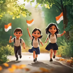 some people running in the woods with flags