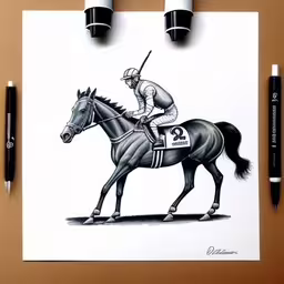 the drawing shows a horse jockey on his horse,a drawing of a jockey on top of a horse