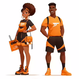 two people are standing next to each other, with orange shirts and black shorts
