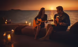 a couple playing guitar near the ocean at night