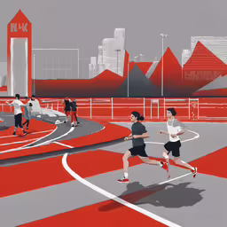 a painting of athletes running on an artistic street,people are running on a city road while buildings stand in the background