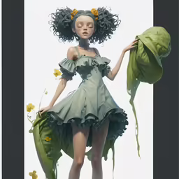 a digital illustration of a woman holding a large leaf