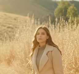 a beautiful young woman standing in a field with tall grass