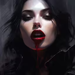 an artistic painting with blood dripping from her lips,a woman is bleeding down and has red lipstick