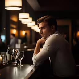 a man in white shirt sitting at bar with glasses