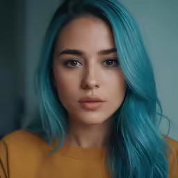 a woman with blue and green hair looks ahead