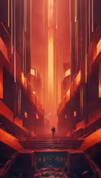 the concept art of a sci - fi movie called cyberspace,this photo depicts the sun rising over a city with giant columns, while there are no clouds above